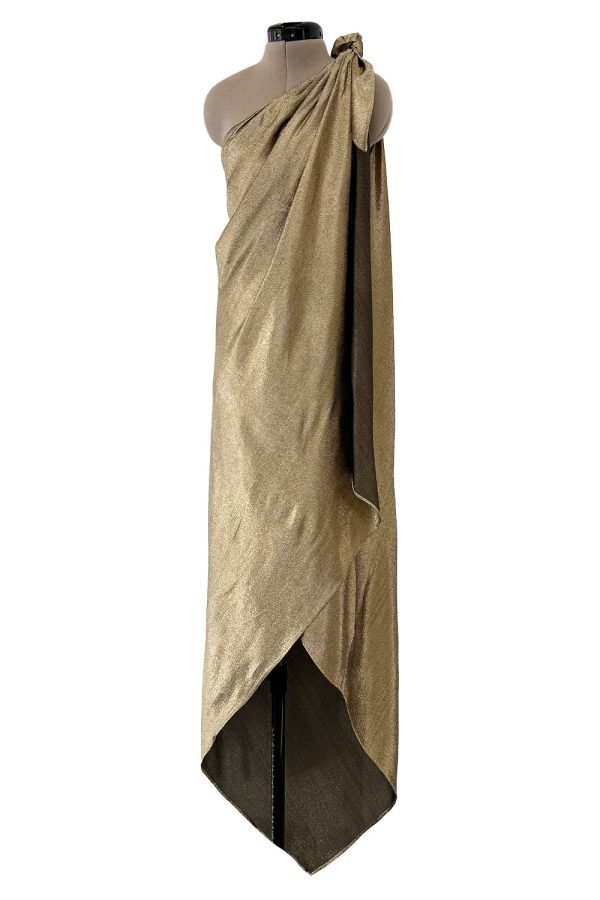 Halston 1976 Couture One Shoulder Gold Metallic Lame Sarong Dress For Discount