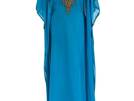 Vintage Unlabelled Beaded Chiffon Deep Turquoise Blue Caftan Dress w Inner Lining For Cheap