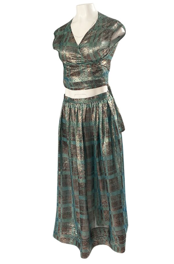 1980s Geoffrey Beene Gold & Turquoise Silk Lame Metallic Skirt & Top Set Sale