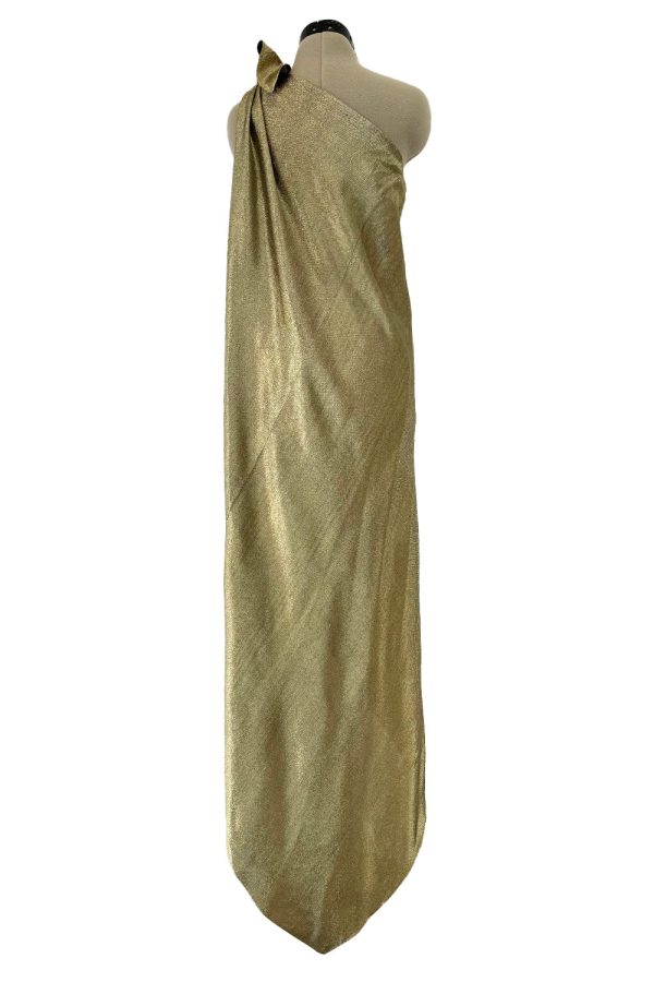 Halston 1976 Couture One Shoulder Gold Metallic Lame Sarong Dress For Discount