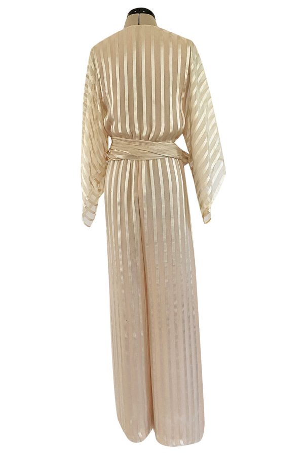 Halston 1976 Ivory Ribbon Silk Chiffon Ivory Jumpsuit w Original Sash For Discount