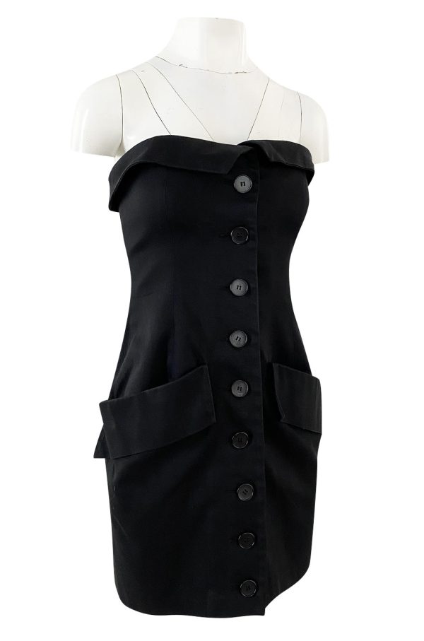 Spring 1985 Yves Saint Laurent Black Cotton Button Front Strapless Mini Dress w Pockets Online Hot Sale