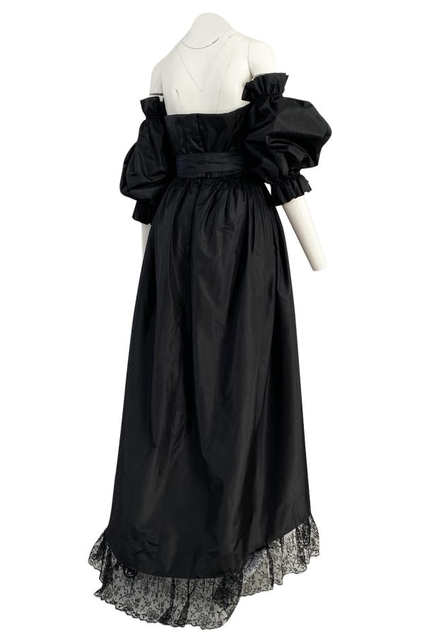 Important Fall 1959 Christian Dior by YSL Couture Black Silk Tafetta & Chantilly Lace Dress w Pouf Sleeves For Discount