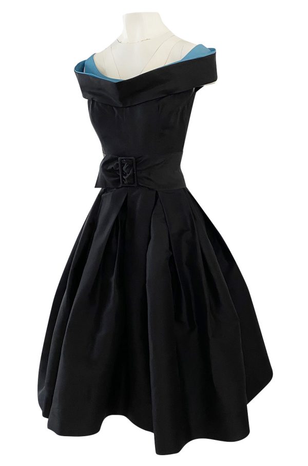 1950s Nettie Rosenstein Black Silk Full Skirted Dress w Interesting Blue Trim Neckline Online Sale