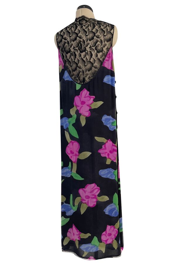 Custom 1970s James Galanos Floral Print Silk Chiffon Dress w Deep Plunging Black Lace Inserts Fashion