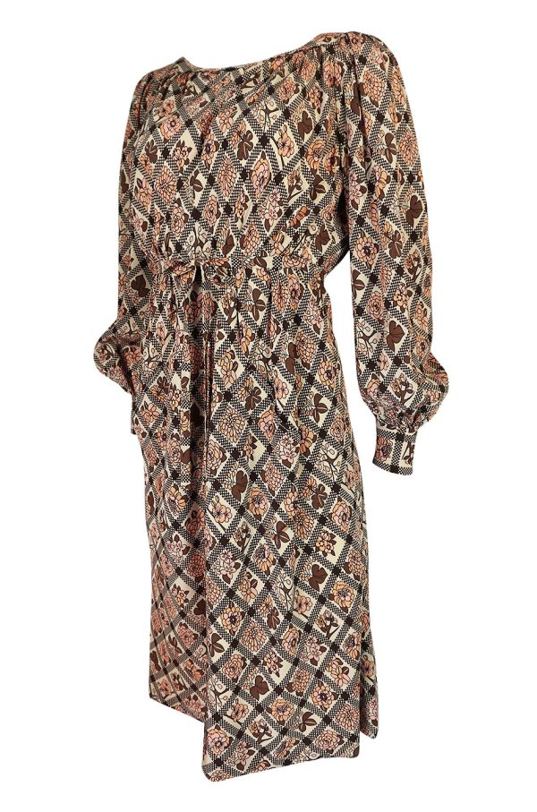 Prettiest 1970s Emanuel Ungaro Haute Couture Full Sleeved Floral & Lattice Printed Silk Dress Online Hot Sale