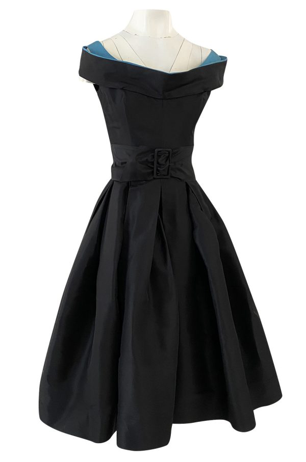 1950s Nettie Rosenstein Black Silk Full Skirted Dress w Interesting Blue Trim Neckline Online Sale