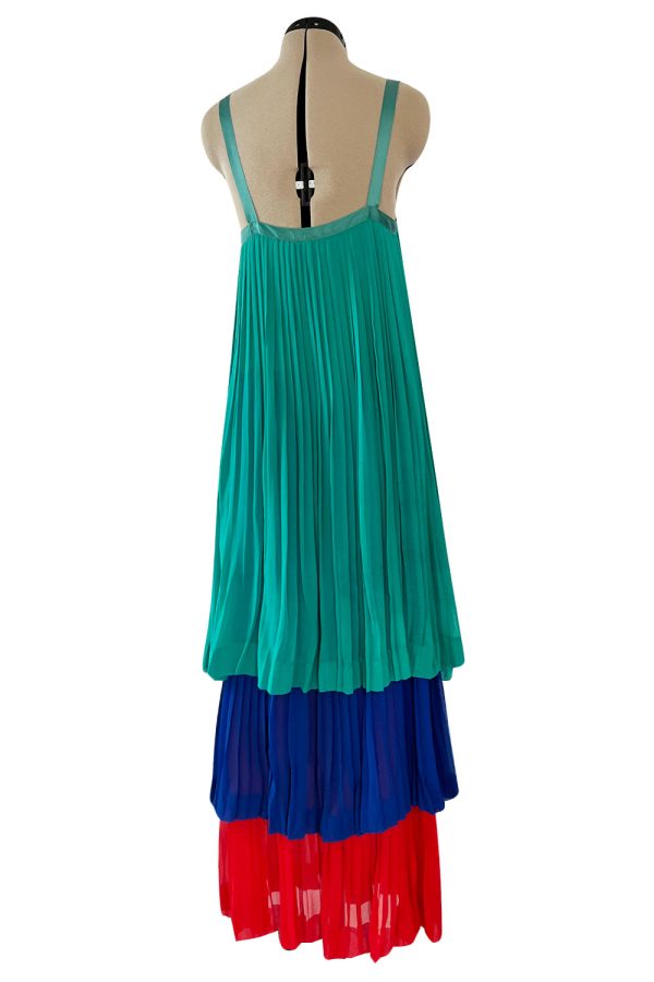 Spectacular Spring 1979 Yves Saint Laurent Silk Chiffon Pleat Dress In Green Blue & Red For Discount