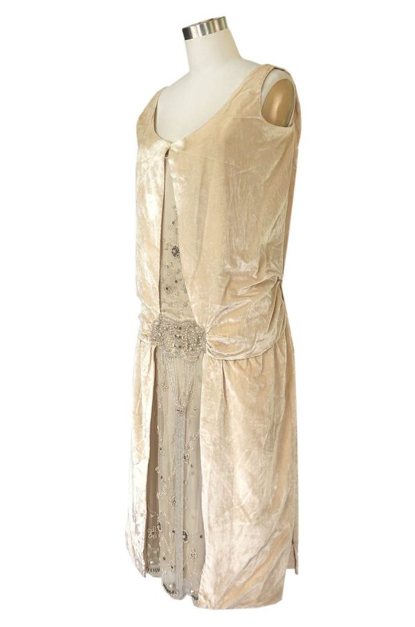 1920s Gold Ivory Silk Velvet & Silk Chiffon Pearl Flower Beaded Dress Discount