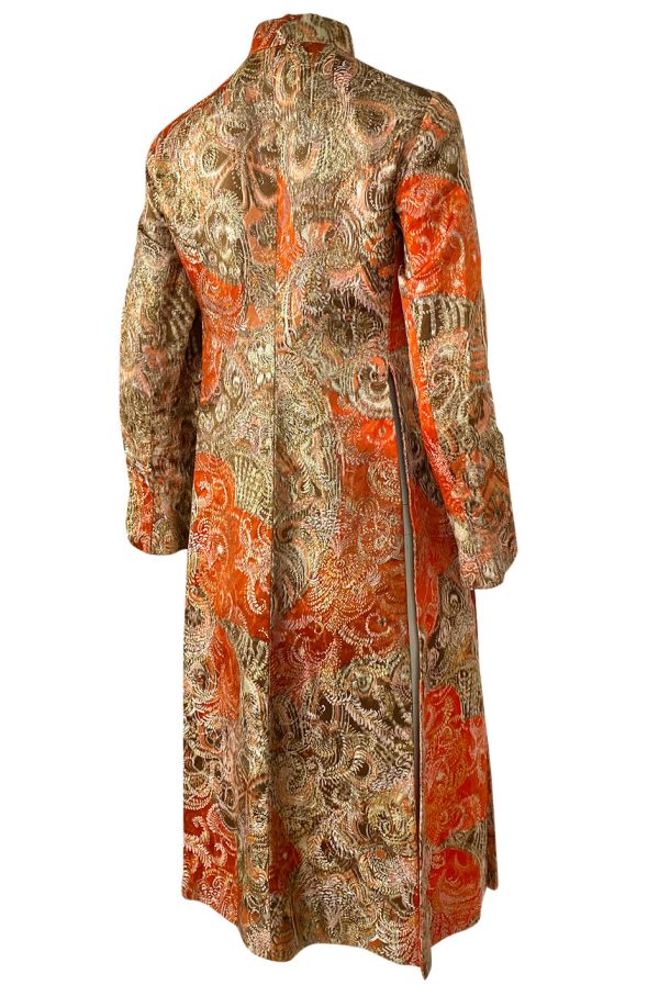 Unusual 1960s Bill Blass Open Panel Gold & Coral Metallic Coat Cheap