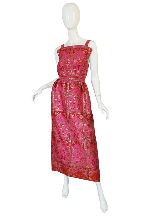 Unusual 1960s Backless Pink & Gold Metallic Brocade Dress Online