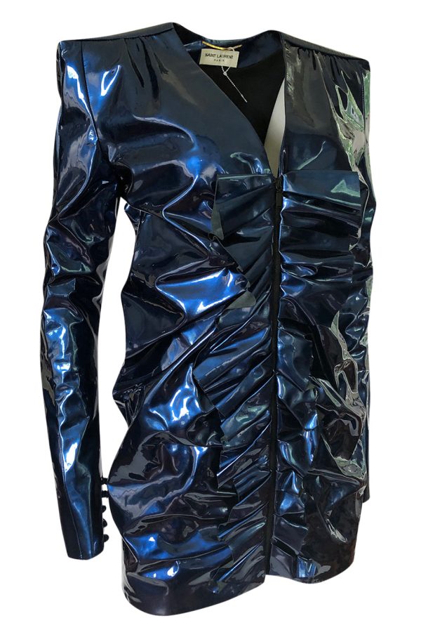 Fall 2017 Yves Saint Laurent Blue Patent Leather Ruffled Runway Dress Cheap