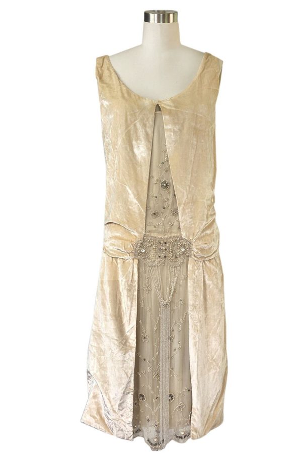 1920s Gold Ivory Silk Velvet & Silk Chiffon Pearl Flower Beaded Dress Discount