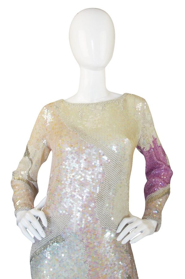 1983 Pink & Cream Halston Sequin Sheath Dress on Sale