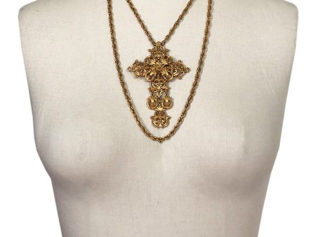 Vintage Florenzi Double Chain Gold Filigreed Cross Necklace on Sale