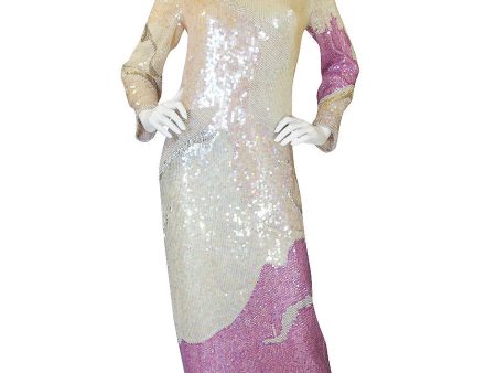 1983 Pink & Cream Halston Sequin Sheath Dress on Sale