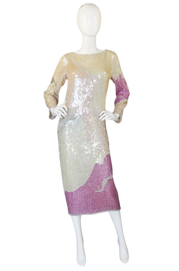 1983 Pink & Cream Halston Sequin Sheath Dress on Sale