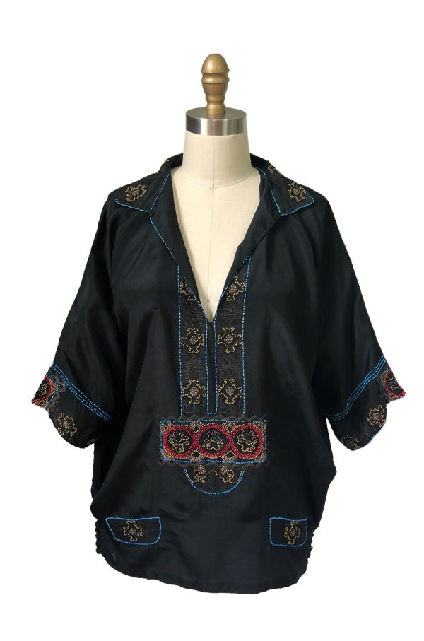 1920s Unlabeled French Couture Bead & Metallic Thread Black Silk Tunic For Cheap