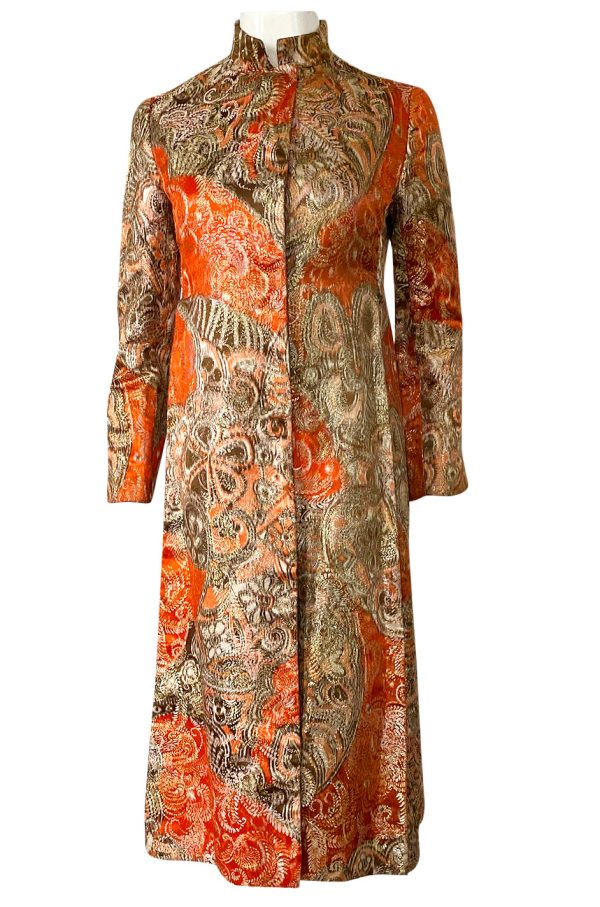 Unusual 1960s Bill Blass Open Panel Gold & Coral Metallic Coat Cheap