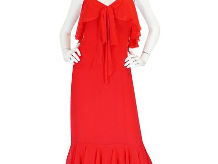 Unworn 1970s Red Silk Chiffon Tiered Ruffle Skirt Dress Online Sale