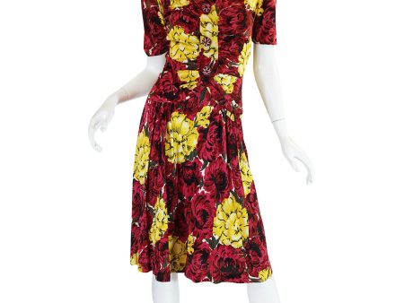 Wonderful 1940s Floral Print & Early Plastic Button Dress Online now