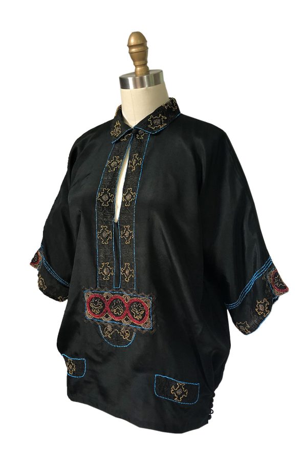 1920s Unlabeled French Couture Bead & Metallic Thread Black Silk Tunic For Cheap