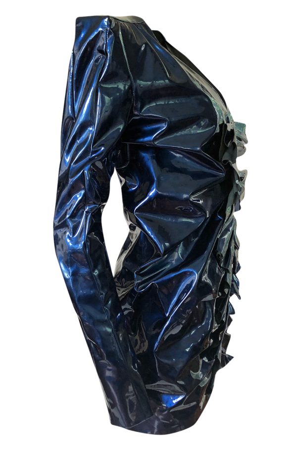 Fall 2017 Yves Saint Laurent Blue Patent Leather Ruffled Runway Dress Cheap