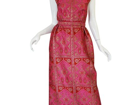 Unusual 1960s Backless Pink & Gold Metallic Brocade Dress Online