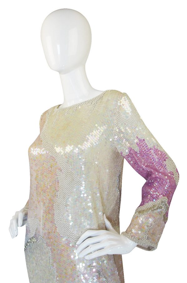 1983 Pink & Cream Halston Sequin Sheath Dress on Sale