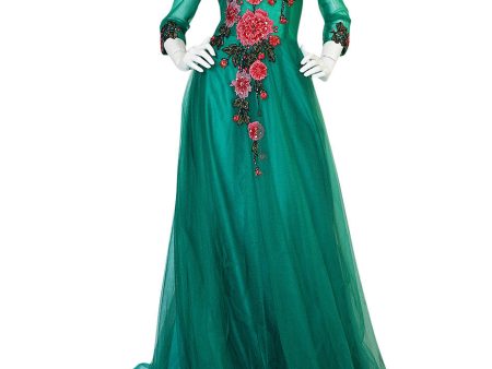 Vintage Trained Emerald Green Lace Tulle Gown w Floral Applique Online